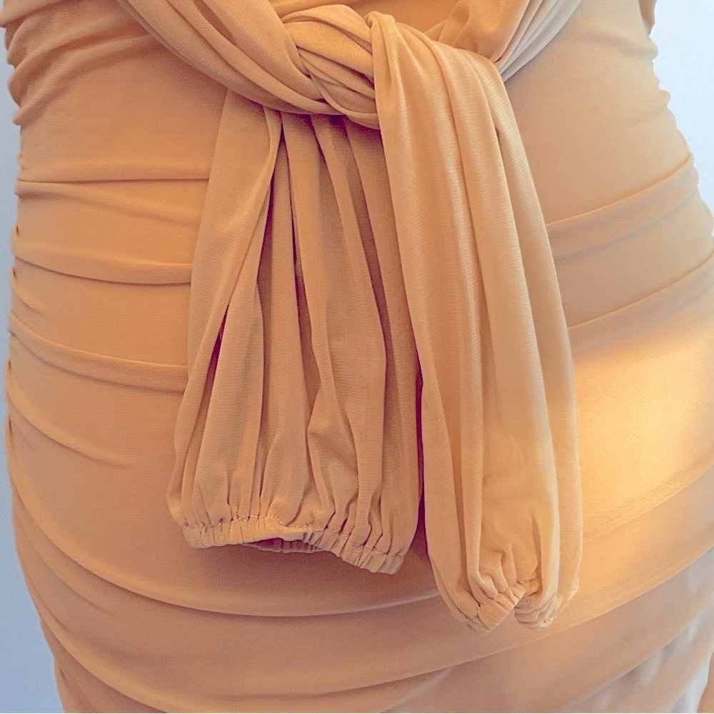 Beige Ruched Bodycon Dress Sheer Sleeves |Size S - Picture 8 of 16